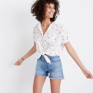 Madewell embroidered tie-front button down in fresh strawberries